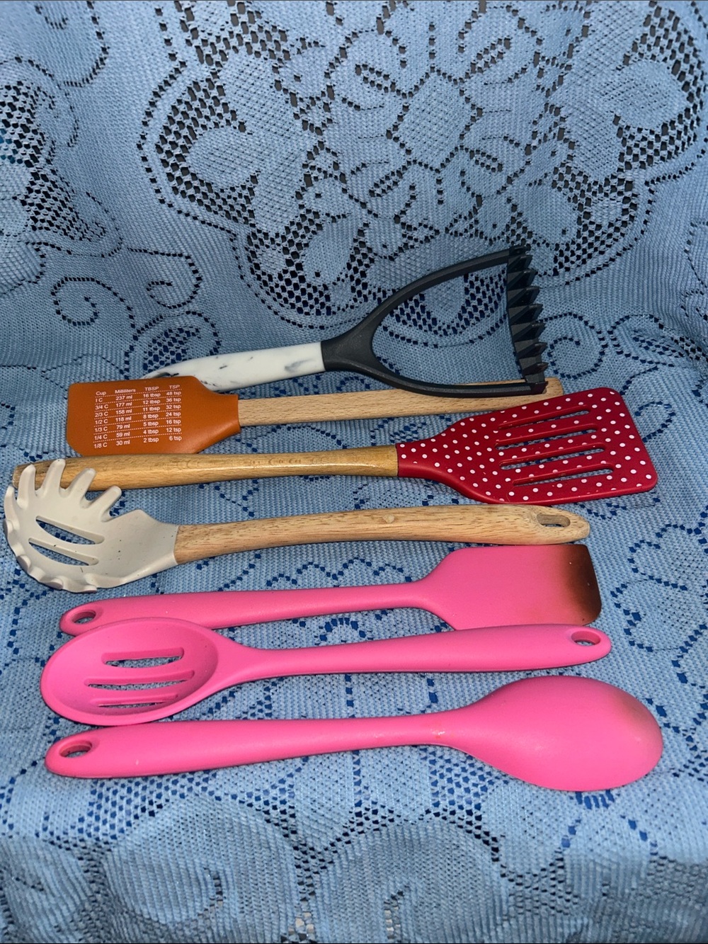 Assorted Silicone and Wood Kitchen Utensil Set - Pink, Red, White, Orange, Black